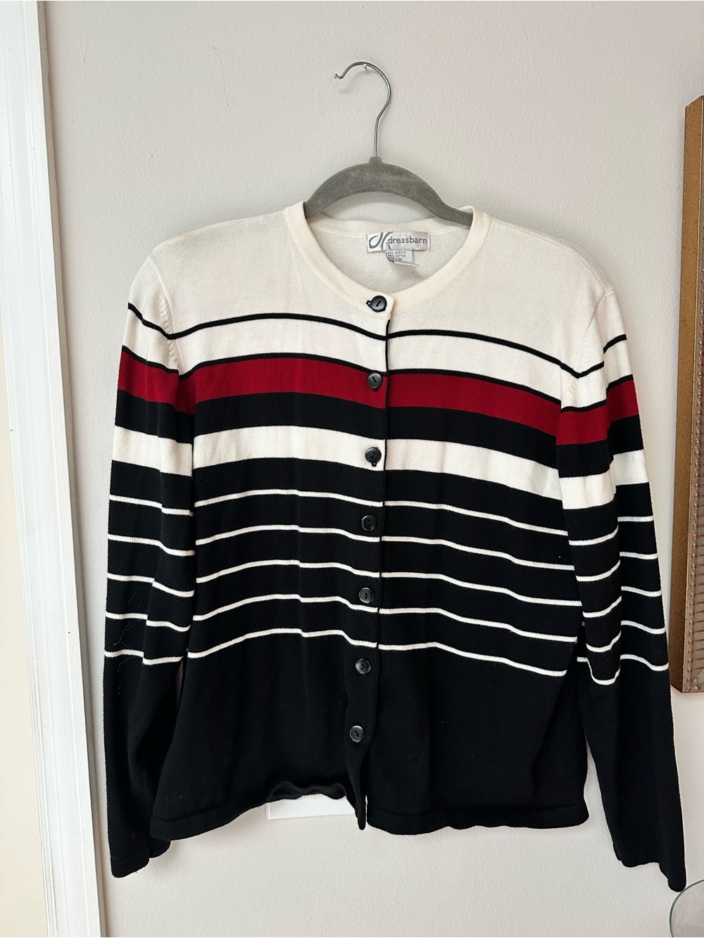 dressbarn Black White and Red Striped Button-Front Cardigan